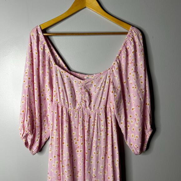 Billabong Floral Milkmaid Maxi Dress Women’s Medium Puff Sleeves Romantic Pink - Picture 4 of 10